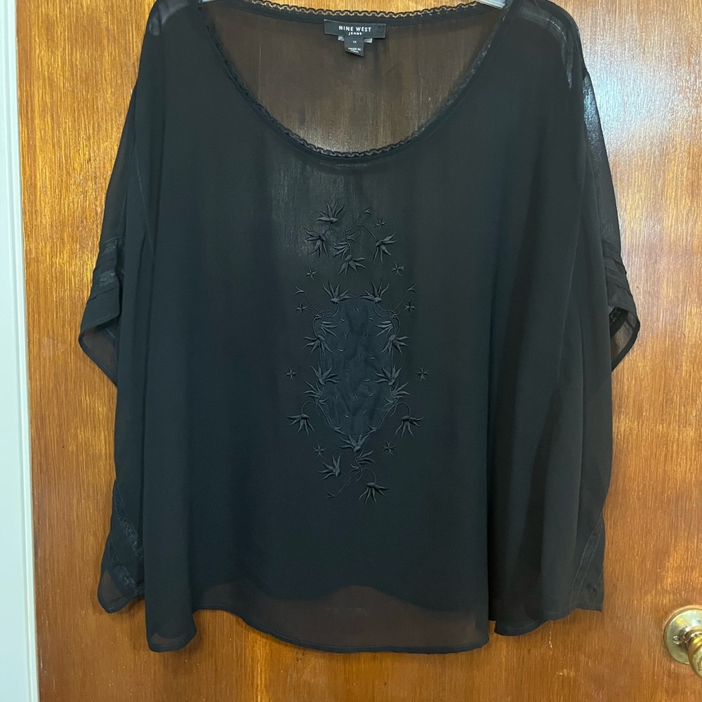 Nine West Black Sheer Blouse with Embroidery